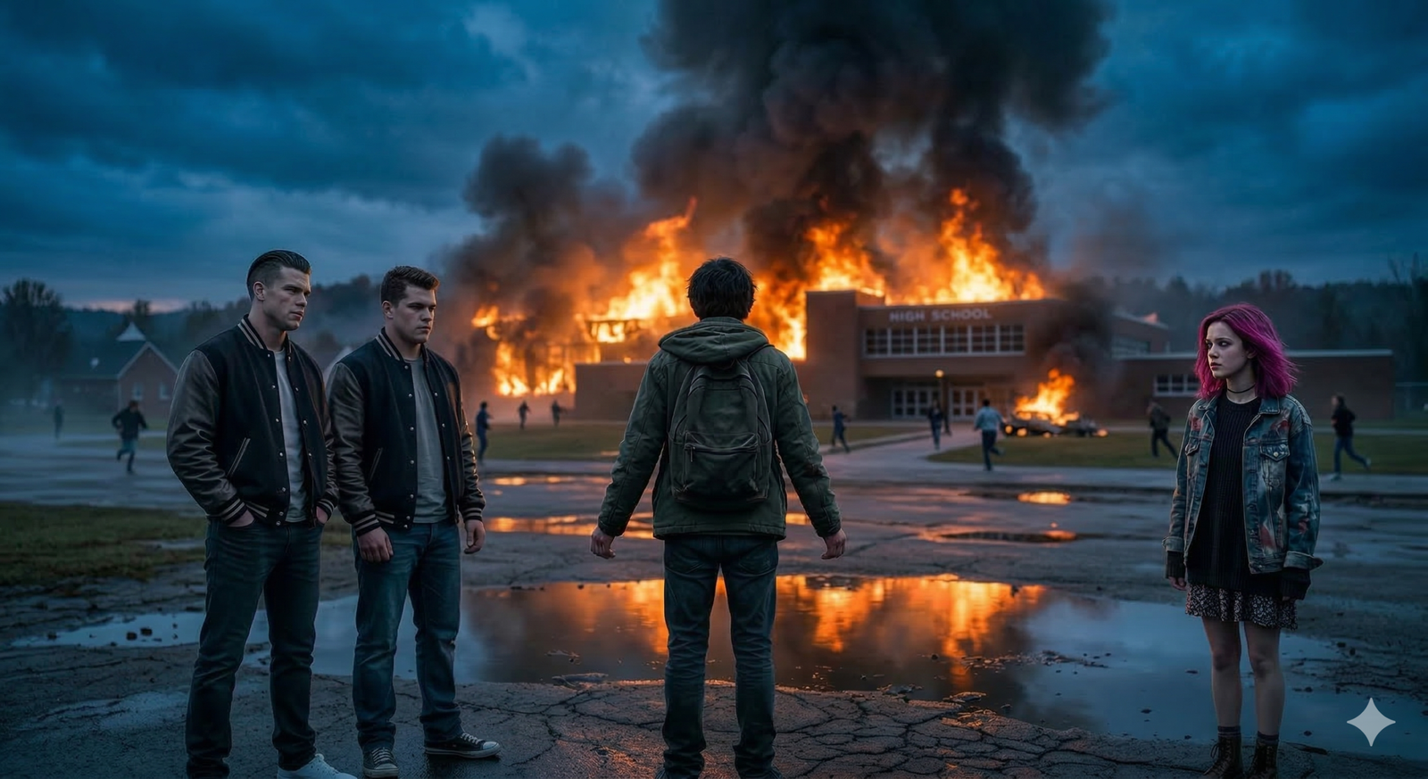 EVERGREEN - Ronnie stands outside of the school and watches it burn. Noel is at his side and Jordan and Taylor stare at him.